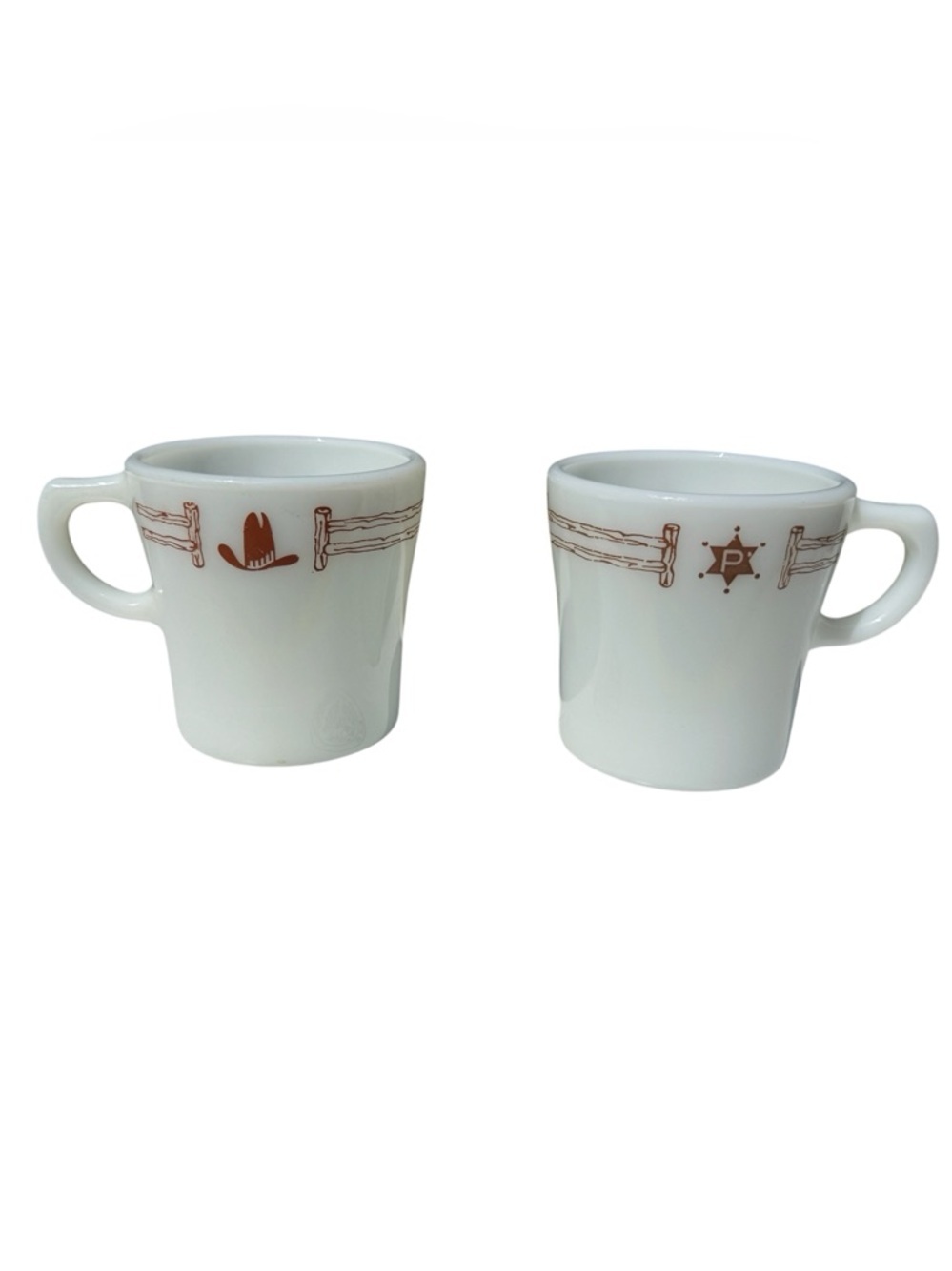 Set of 2 Vintage White Milk Glass Cowboy Western Coffee Mug Sheriff Rustic Pyrex